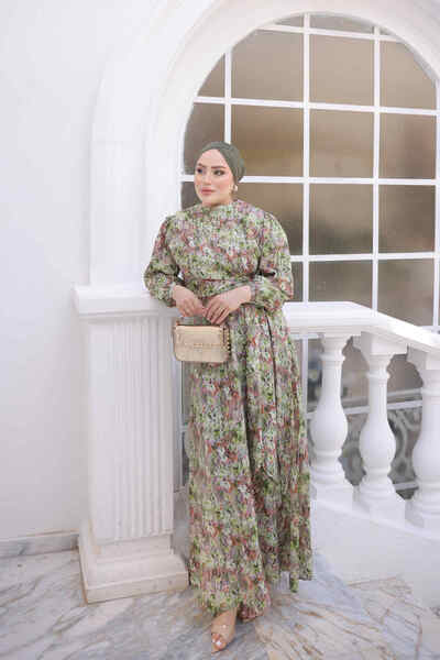 İmajButik Green Dress with Elastic Sleeves and Buckle Detail