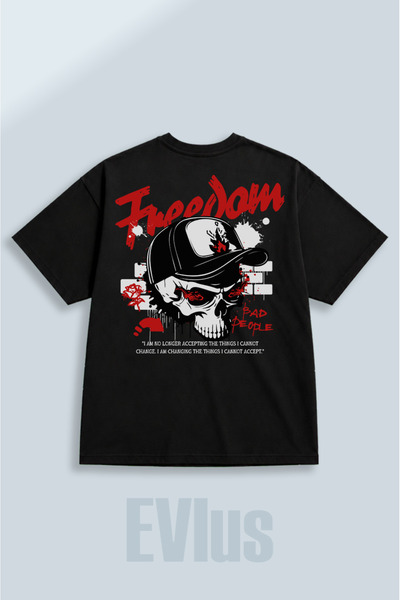 EVIus Tricou negru oversize Freedom, imprimat, 100% bumbac, cu decolteu tip c...