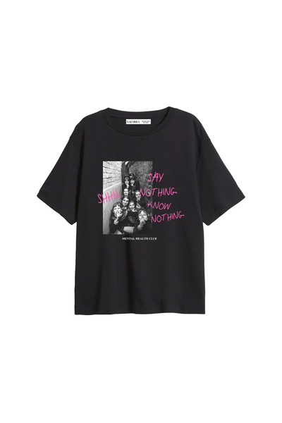 CİNEMA MODA Shh Know Nothing Printed Relaxed Fit Black Women's Tshirt