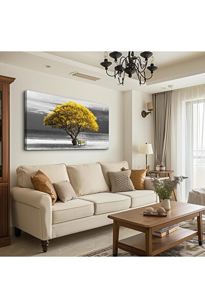 HOME MODE Golden Tree Beach Bench Gallery Wrapped Canvas Wall Art | 50x100cm ...