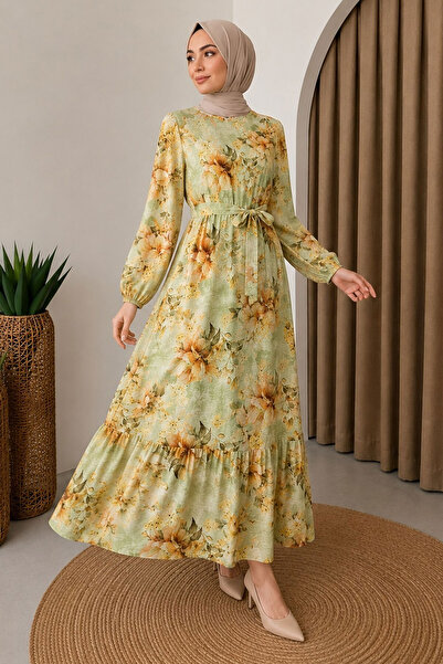 Tesettür Dünyası Peony Patterned Skirt Flounce Dress Tsd260257 Green