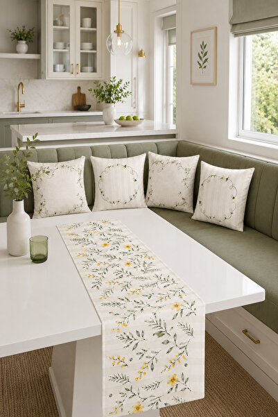 HOMESSA Cream Green Leafy Floral Runner and Set of 4 Throw Pillow Covers