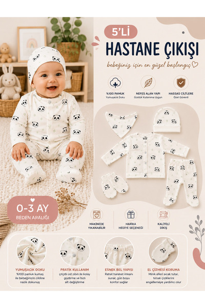 Movamirbaby 5 PARÇA PANDA DESENLİ YENİDOĞAN BEBEK HASTANE ÇIKIŞ SETİ %100 PAM...