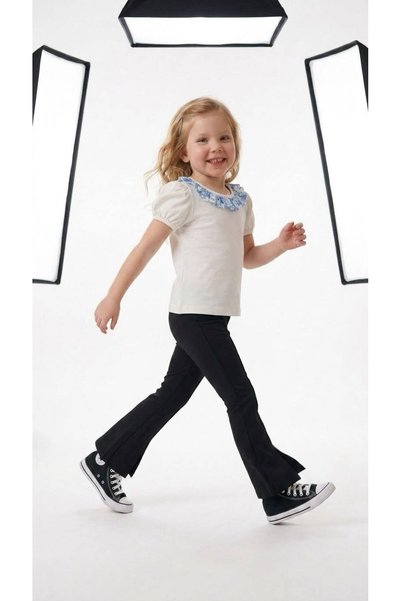 ZeZe Kid Girl's Ruffle Collar T-Shirt and Navy Blue Leggings 2-Piece Set