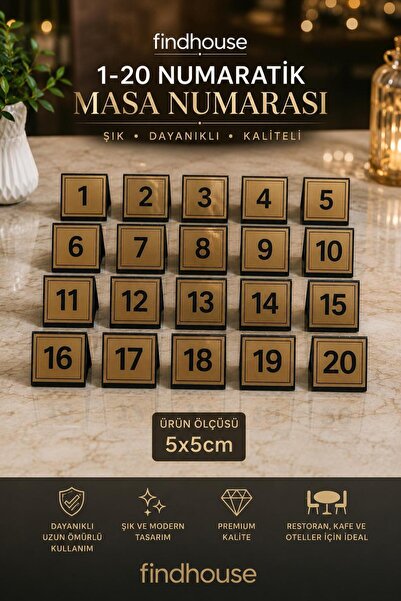 findhouse Gold Görünümlü Masa Numaratik Numaratör 1-20 Arası Cafe , Restauran...