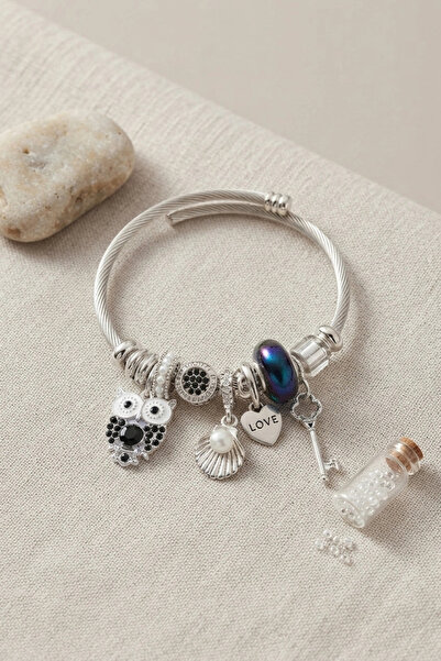 online kapsulavm avm alışveriş Silver Color Bracelet with Black Owl Charm