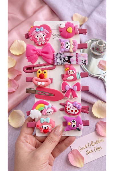Srctech 14’lü Kız Çocuk Sevimli Figürlü Toka Seti – 13 Pens Toka + 1 Çıtçıt Toka – Pembe