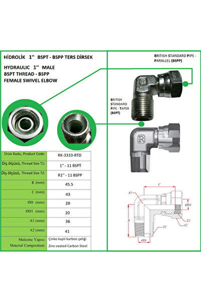 Rekorsan HİDROLİK ERKEK 1'' BSPT - BSPP DÖNER BAŞLIK TERS DİRSEK, MALE 1" BSP...