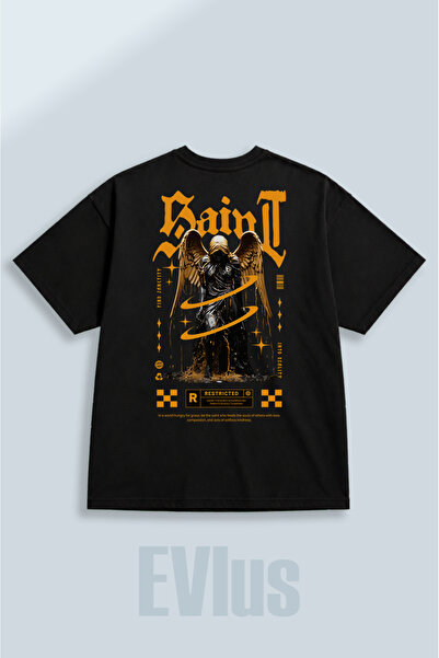 EVIus Oversize Saint Printed 100% Cotton Crew Neck Loose Fit Black T-Shirt