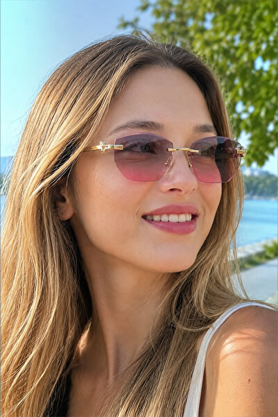 TAKIPORT نظارات شمسية نسائية مستطيلة الشكل بدون إطار مع تفاصيل ذهبية وزجاج مت...