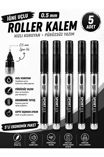 Art & Art Sport 0.5 mm Hızlı Kuruyan İğne Uçlu Roller Kalem Siyah 5 Adet