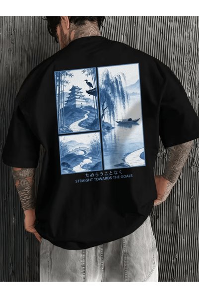one button Mr. japanese lake landscape printed premium oversize t-shirt