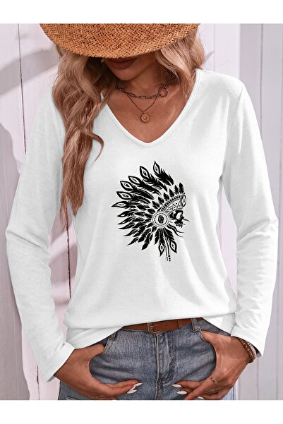 mercoledi Mohikan Printed Cotton V-Neck Long Sleeve Blouse