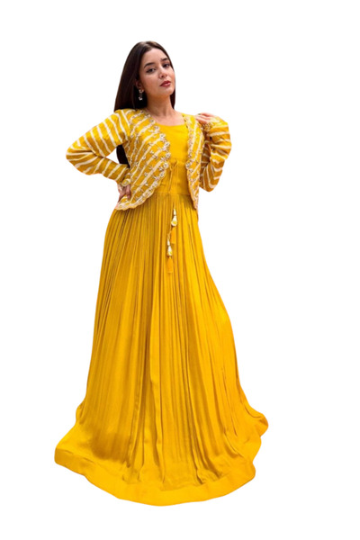 MYSMAR Yellow Faux Georgette Gown - HRT5083-Yellow-Size-M-38-Inches