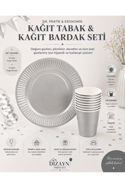 Dizayn Parti Evi Gümüş Kağıt Tabak ve Kağıt Bardak Seti – 10'lu Tabak 10'lu B...