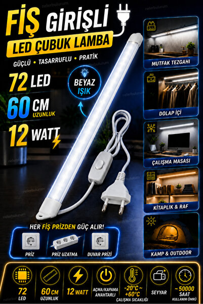 nelerbulurum Fiş Girişli 60 Cm 12 Watt 72 Led Çubuk Led Lamba Soğuk Beyaz Dol...