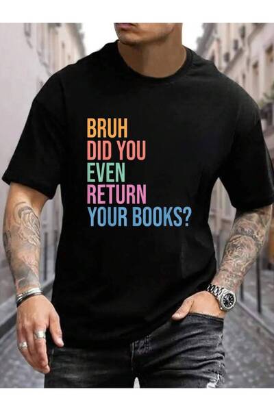 01THEONE تي شيرت رجالي أسود قصير الأكمام بطباعة "Return Your Books" - هدية مض...