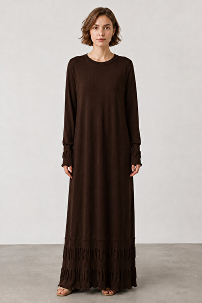 bihan store Cuff Ruffle Detailed Relaxed Fit Long Knitwear Dress 135-Brown