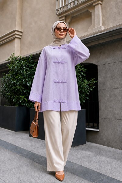 Lunfia Düğmeli V Yaka Oversize Organze Kimono - Lila
