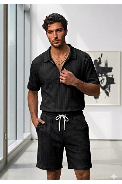 NO 601 Men's Black Zippered Collared Twisted Fabric T-Shirt and Shorts Combin...