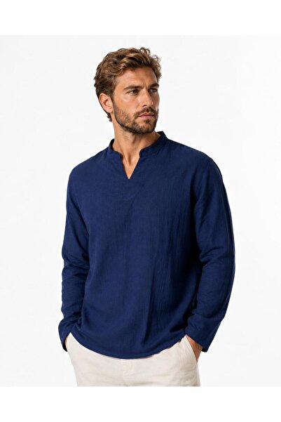 Suffa 100% Cotton Crinkle V-Neck Long Sleeve Shirt