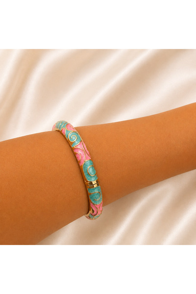 Yonida Jewelry Gold Pembe Ve Yeşil Dalgalı Motifli Renkli Mineli Bijuteri Kel...