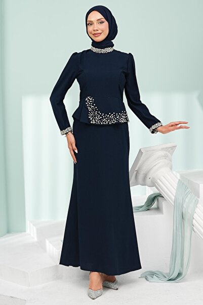 İmajButik Lacivert Taş Detaylı Peplum Tasarım Abiye