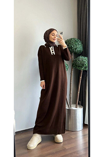 müqofficial Buttoned Piping Detail Long Knitwear Dress - Brown