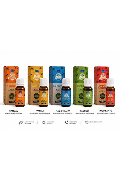 Ullas Aromatic Oil Set 5×10 ml – Sandal, Vanila, Nag Champa, Pachuli, Palo Sa...