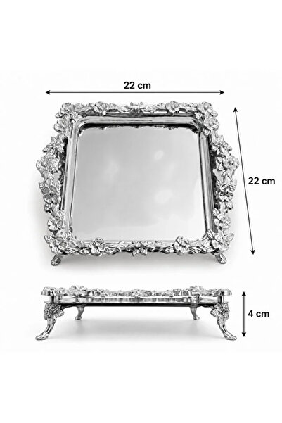 Simply Now Ayaklı Çiçek Desenli Kare Nişan ve Kahve Sunum Tepsisi, 22 cm GÜMÜ...