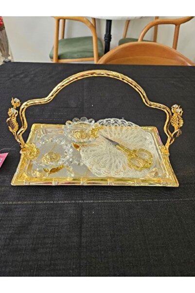 GOLD GÜMÜŞ GÜL TAŞ DETAYLI İSTEME YÜZÜK TEPSİSİ VE AKSESUARLARI