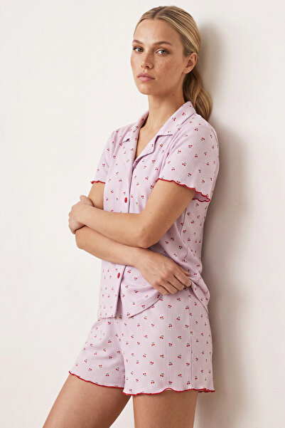 Siyah İnci Lilac Cherry Patterned Buttoned Pointelli Knitted Shorts Pajama Se...