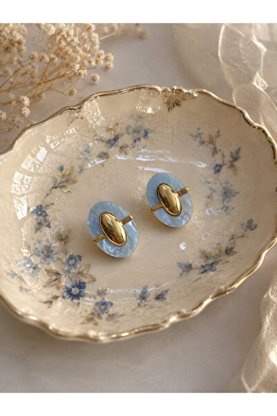 No77Atelier MAVİ DOĞAL TAŞ GOLD DETAYLI KADIN KÜPE