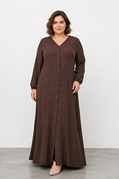 bihan store Women's V-Neck Buttoned Textured Maxi Dress 1688-Brown