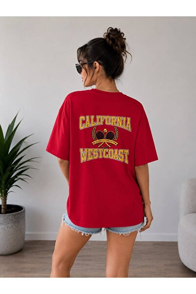 khufu Red Oversize T-Shirt with Back Print California Westcoast Cotton Relaxe...