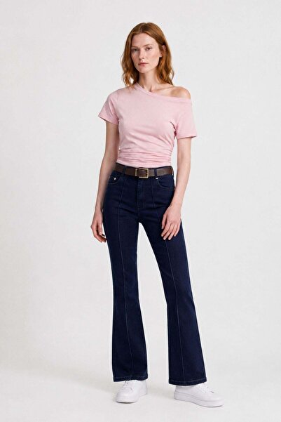 HAKKE Pantaloni de damă din denim cu curea, stil Flare, cu dungi