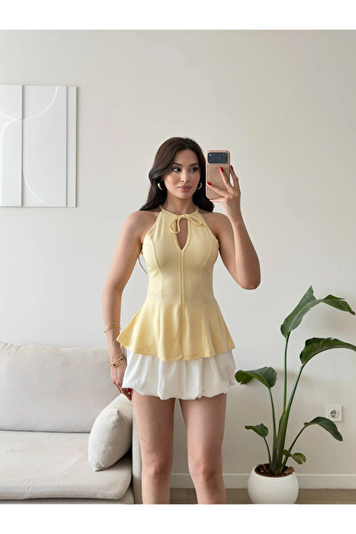 Zoom Butik Halter Yaka Peplum Bluz - SARI