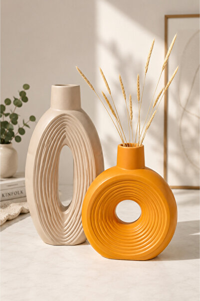 Natura Home Decor مجموعة مزهريات زخرفية من الحجر الاسكندنافي باللون الخردل وا...
