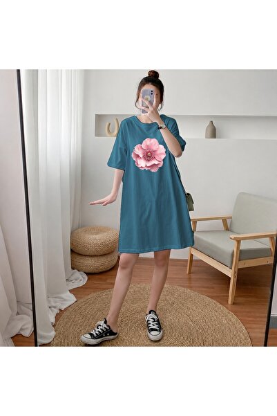classy moda Γυναικείο μπλουζάκι με ροζ φλοράλ στάμπα, εξαιρετικά μακρύ και υπ...