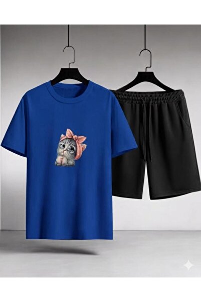 CLOTHES33 تي شيرت وشورت من قطعتين، تصميم صيفي رقيق يمتص العرق، مطبوع عليه قطة...
