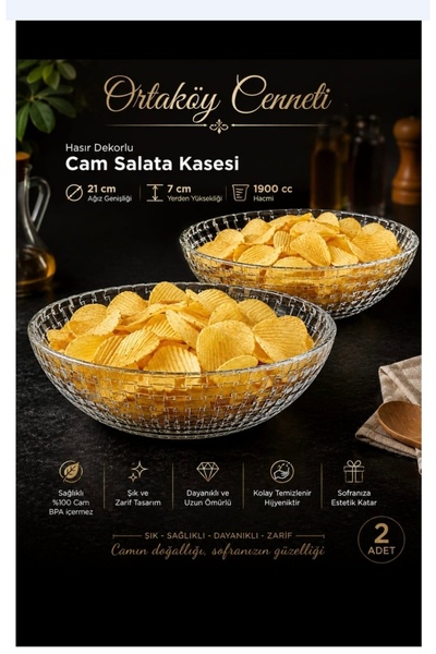 ORTAKÖYCENNETİ Cips Salad Bowl 2-Pack Glass Thick Product 1900 Cc Volume 21 c...