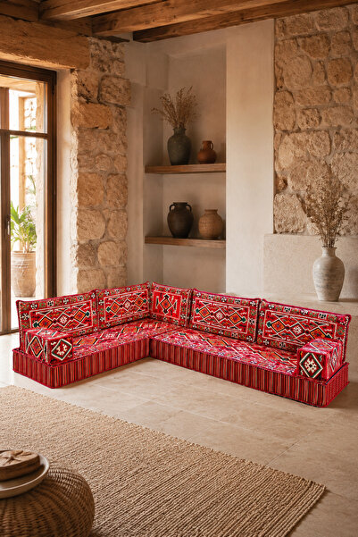 FEYZA DECOR HOME 20 cm Süngerli Kırmızı Anadolu Desenli 9 Parça L Şark Köşesi...