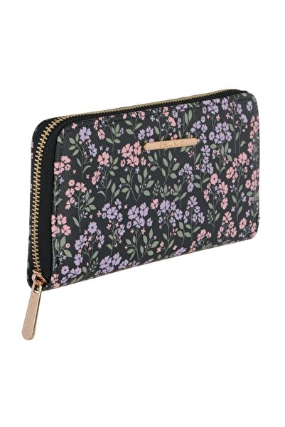 Exclusivo Portofel damă cu model floral, negru, 19.5x11x2.5cm – organizare el...