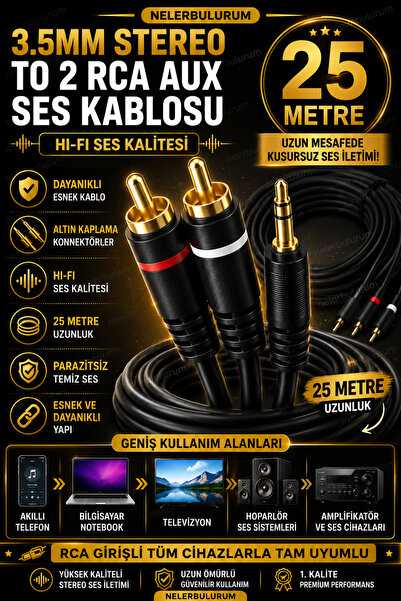 nelerbulurum 25 Metre 2 RCA Erkek - 3.5mm Stereo AUX Kablo Gold Uçlu | Telefo...