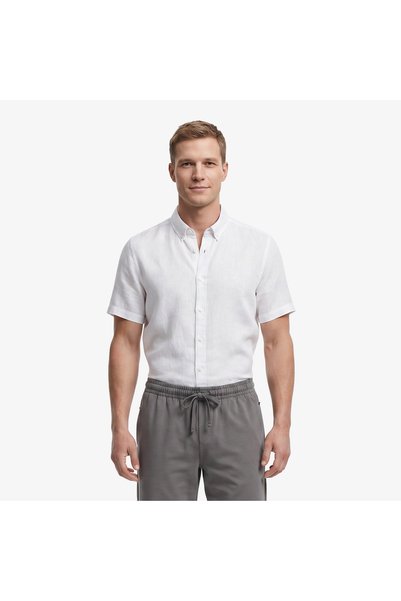 Nautica Erkek Açık Gri Regular Fit Kısa Kollu Keten Gömlek
