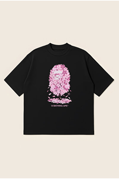 Moon Dancer Bape тениска с принт на сакура, овърсайз, със свободна кройка, ун...