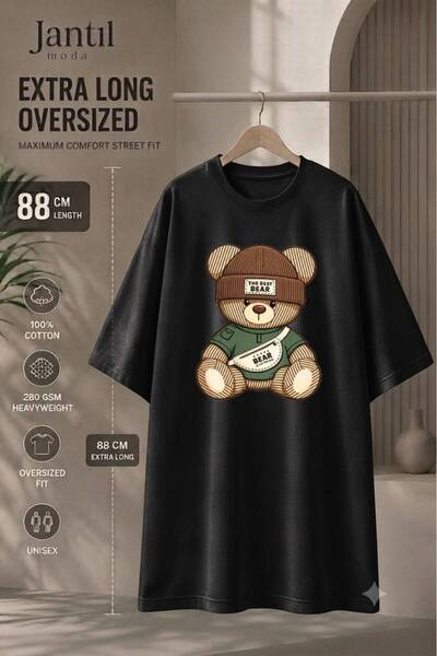 JANTIL MODA Crew Neck Bear Print Extra Long Oversize Tunic T-Shirt with Beret...