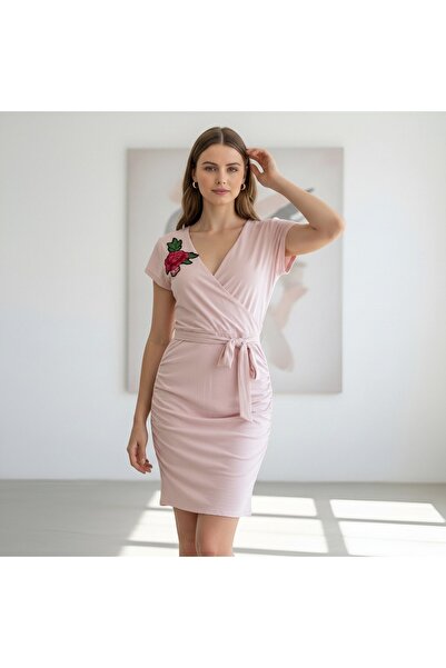 OEM Rochie de damă încrețită, din bumbac elastic, cu șnur în talie și aplicaț...