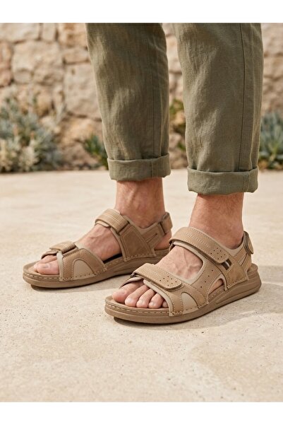 BENTO Titan Comfort Erkek Suni Deri Anatomik Taban Cırt Cırtlı Günlük Sandale...