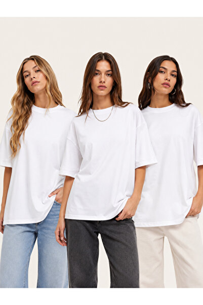 POLYMOOD Set of 3 Oversize 100% Organic Cotton Round Neck Loose Fit T-Shirts